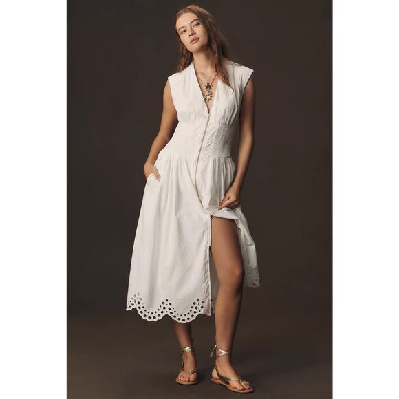 by ANTHROPOLOGIE sz M The Tommie cap sleeve zip dress eyelet edition in white - Picture 1 of 4